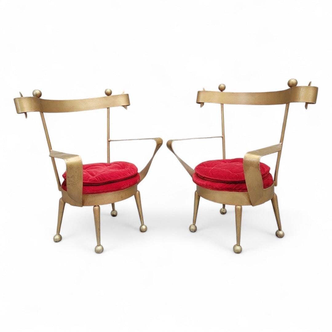 Antique Venetian Gold Forged Iron Vanity Chairs - Pair: Title: Antique Venetian Gold Forged Iron Vanity Chairs - Pair Description: Antique Venetian Gold Forged Iron Vanity Chairs - PairThe chairs feature a original red velvet upholstery that adds a touch