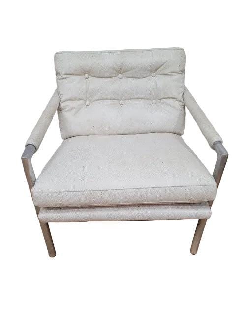MCM Milo Baughman Chrome Flat Bar Chair Newly Reupholstered: Title: MCM Milo Baughman Chrome Flat Bar Chair Newly Reupholstered Description: .Mid Century Modern Milo Baughman for CY Mann Styled Chrome Flat Bar Chair Newly Upholstered in High End Grey