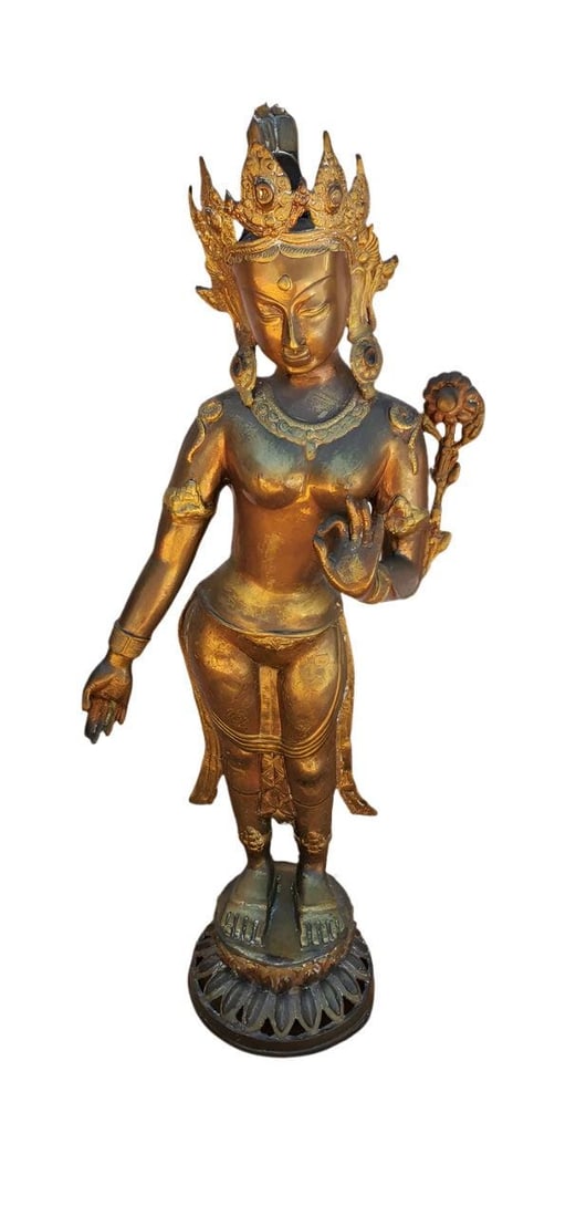 Antique Gilt Bronze Tibetan Hindu Manjurshi Deity Statue - 2