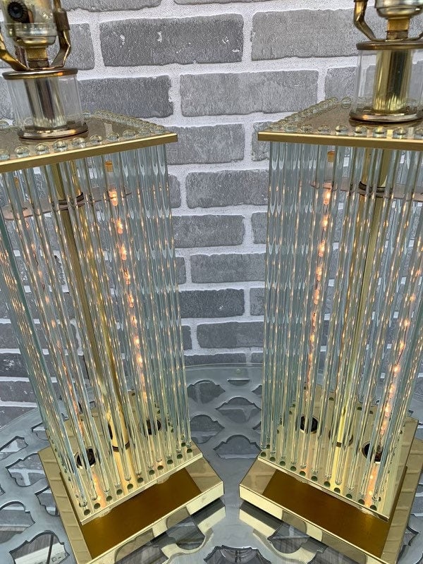 Mid Century Gaetano Sciolari Brass and Glass Rods Table Lamps - Pair - 5