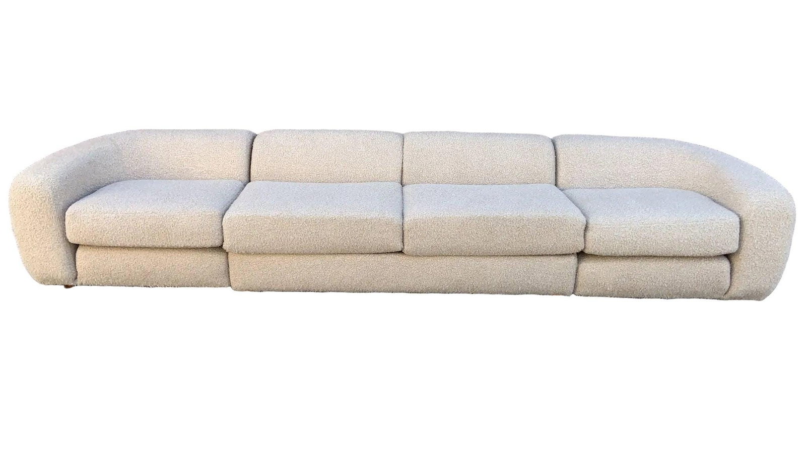 MCM Sofa with Pullout Bed Newly Reupholstered by Karpen: Title: MCM Sofa with Pullout Bed Newly Reupholstered by Karpen Description: Mid Century Modern Sofa with Pullout Newly Reupholstered in Boucle by KarpenCirca 20th Century Dimensions:Sofa-H 26"W 137"D 