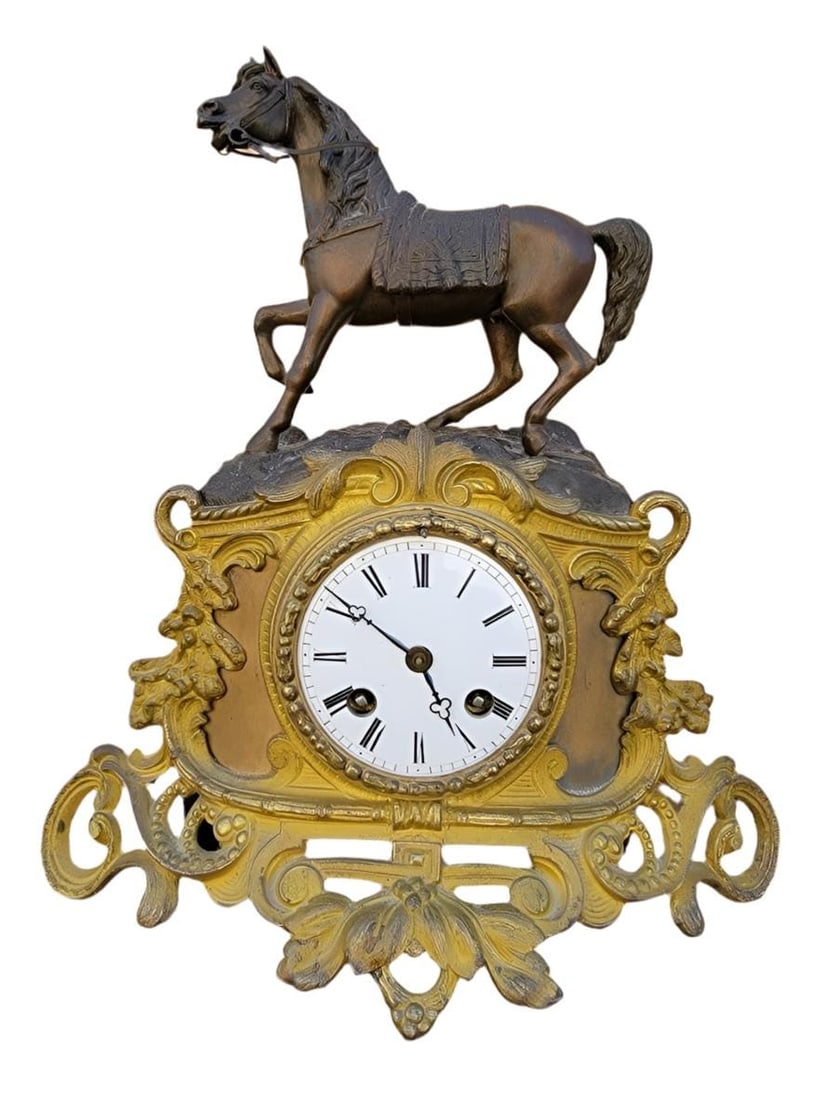 Antique French Neoclassical Style Mantel Clock: Title: Antique French Neoclassical Style Mantel Clock Description: Antique French Neoclassical Bronze Horse Topped Lesperut Fils Aine, Paris Mantel ClockAntique original French Lesperut Fils Aine