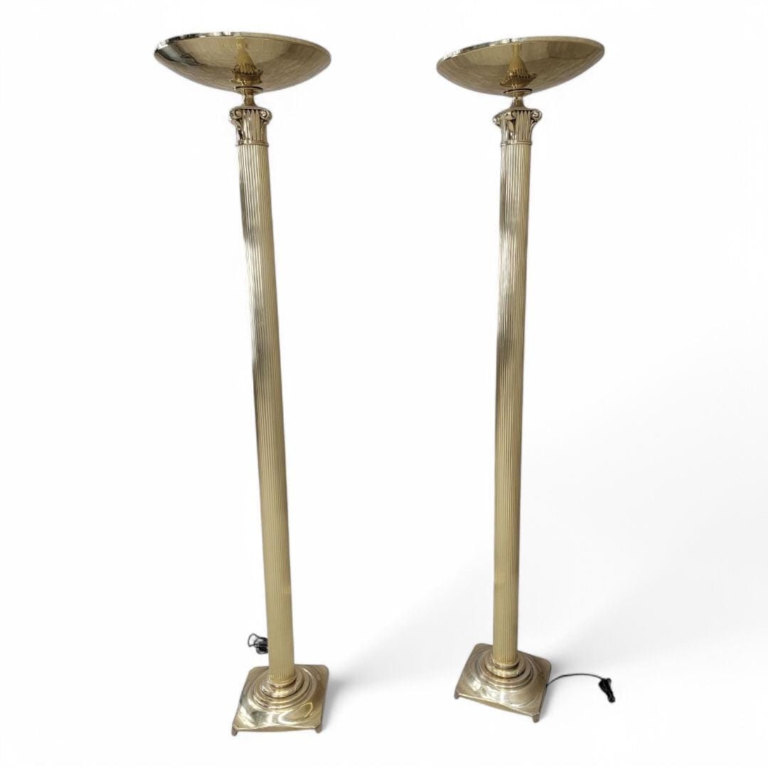 Art Deco Rembrandt Brass Corinthian Column Torchiere Floor Lamp - Pair: Title: Art Deco Rembrandt Brass Corinthian Column Torchiere Floor Lamp - Pair Description: Vintage Art Deco Rembrandt Brass Corinthian Column Torchiere Floor Lamp - PairElevate your home decor with th