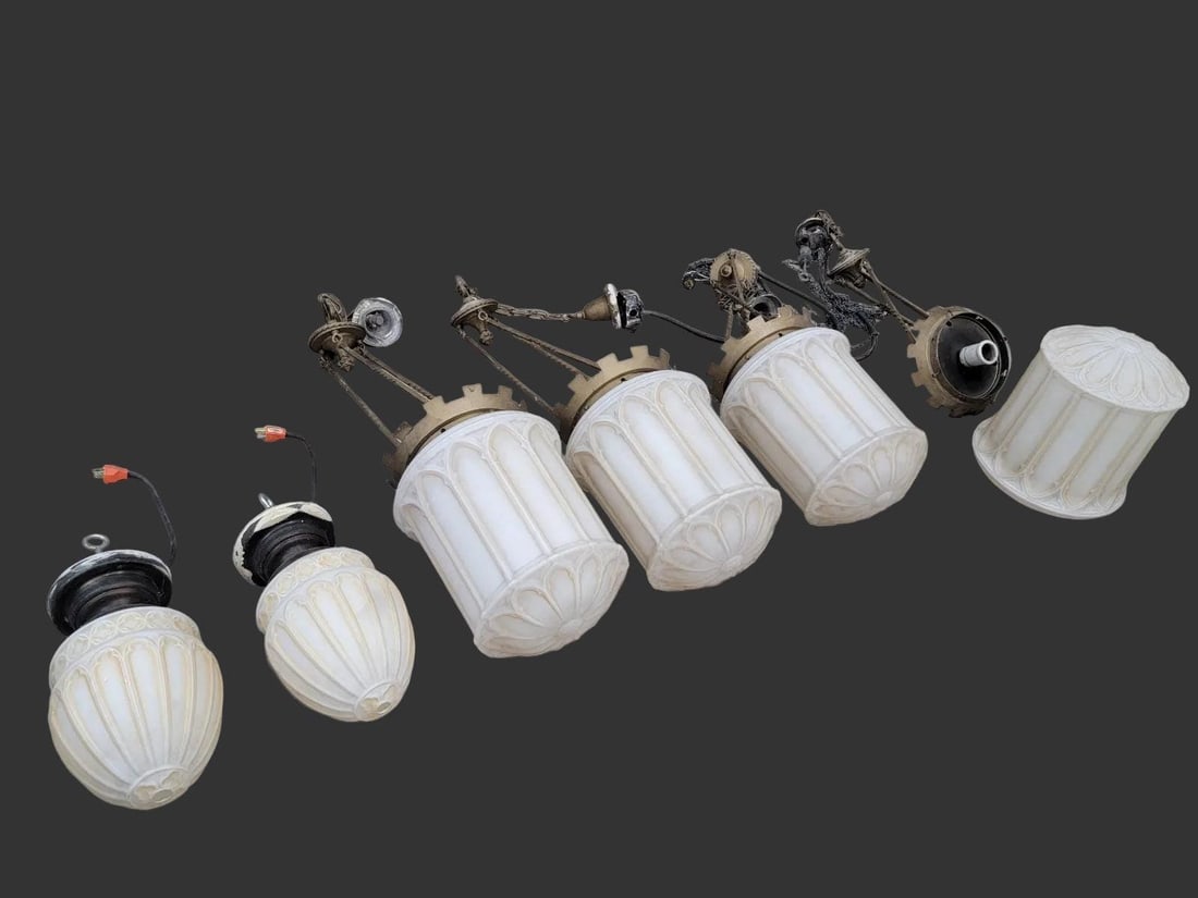 Antique Victorian Milk Glass Pendant Lights - Set of 4 - 6