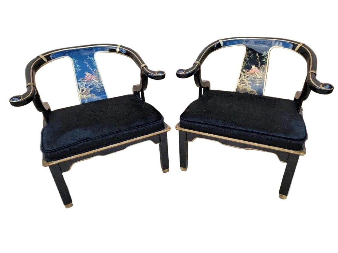 MCM James Mont Chinoiserie Style Horseshoe Chairs Newly Reupholstered - Pair - 3