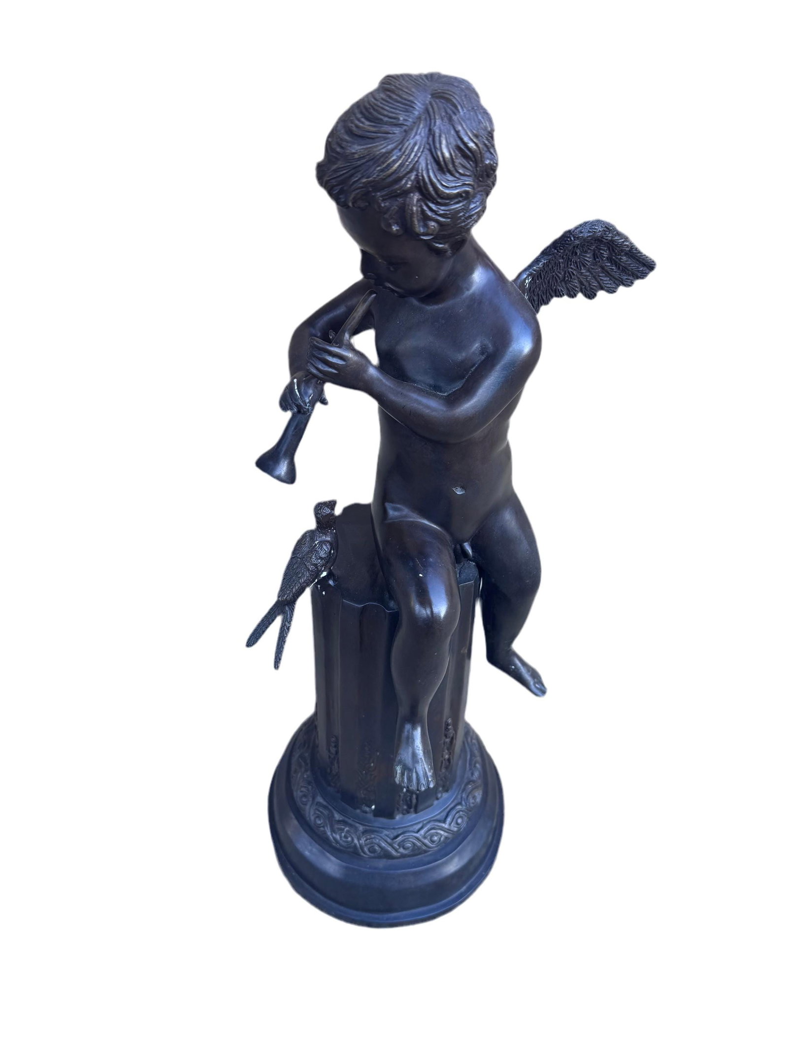 Antique Bronze Cherub on Pedestal Playing The Flute Sculpture - 2