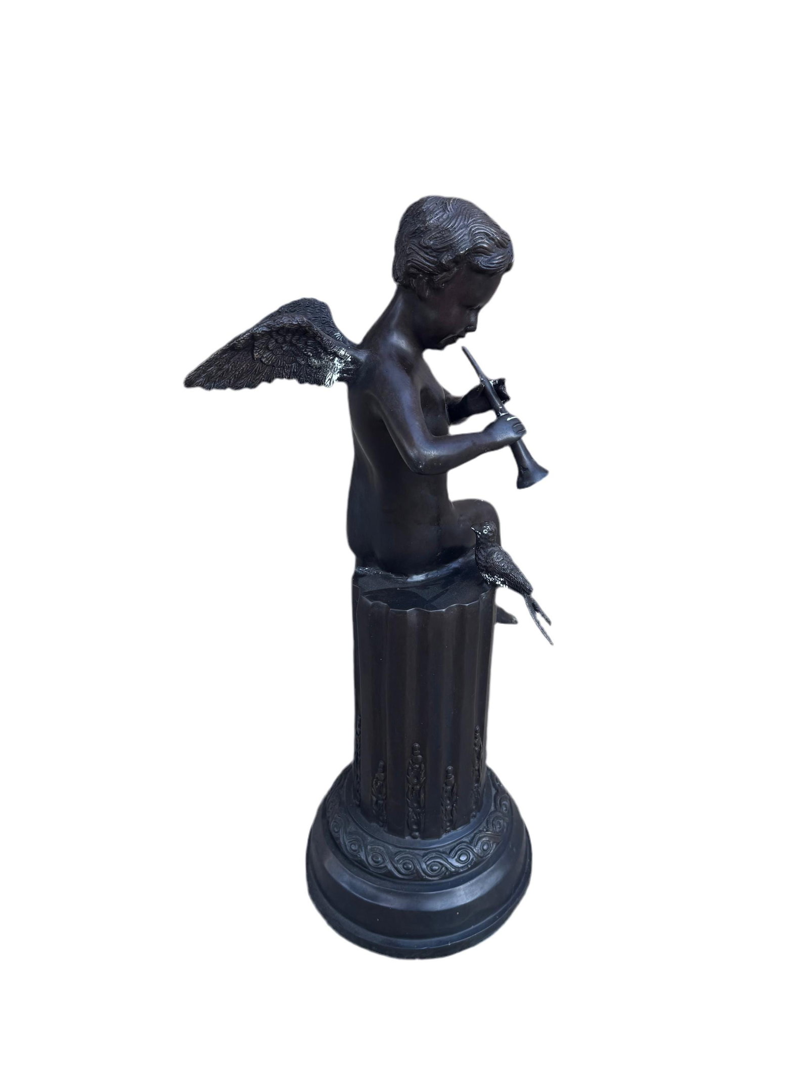Antique Bronze Cherub on Pedestal Playing The Flute Sculpture - 5