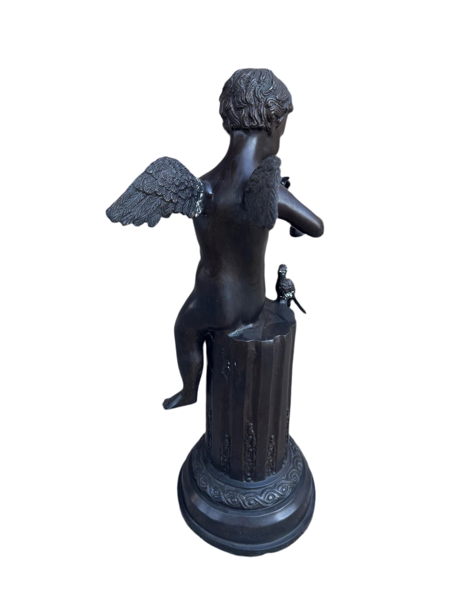 Antique Bronze Cherub on Pedestal Playing The Flute Sculpture - 6