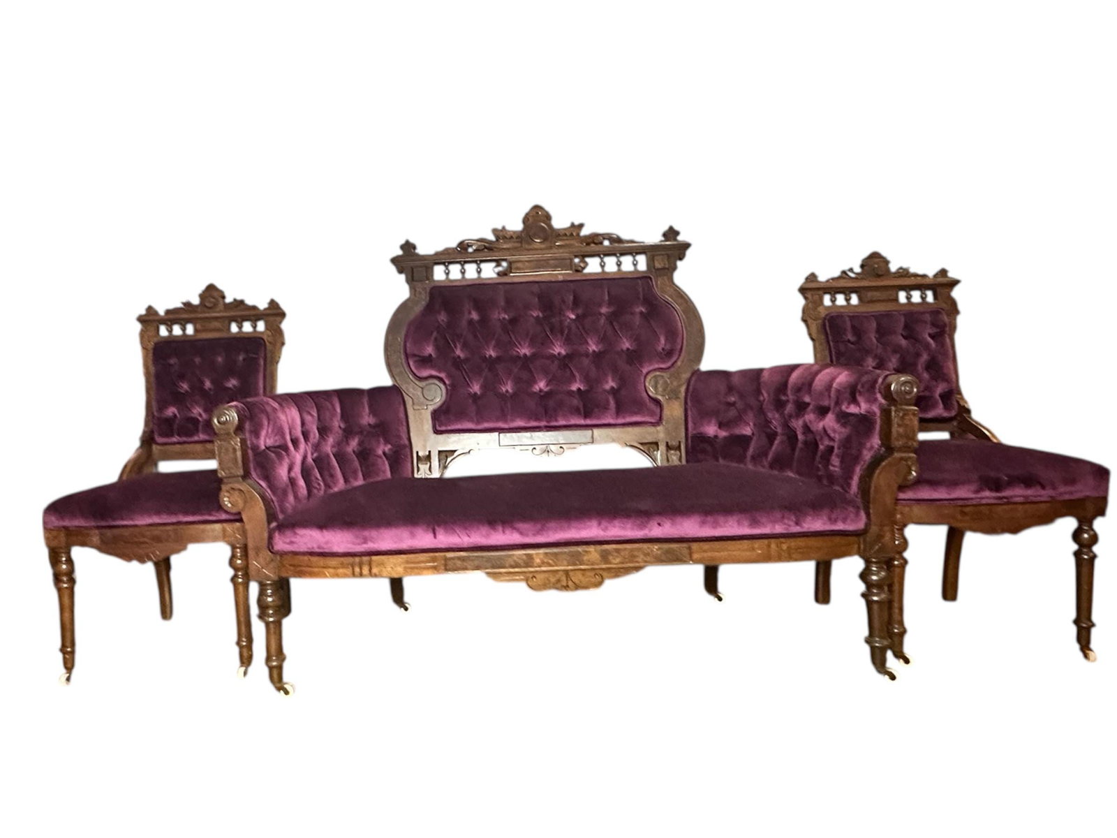 Antique Victorian Eastlake Style 3 Piece Carved Ornate Parlor Set Newly Reupholstered (1 of 7)