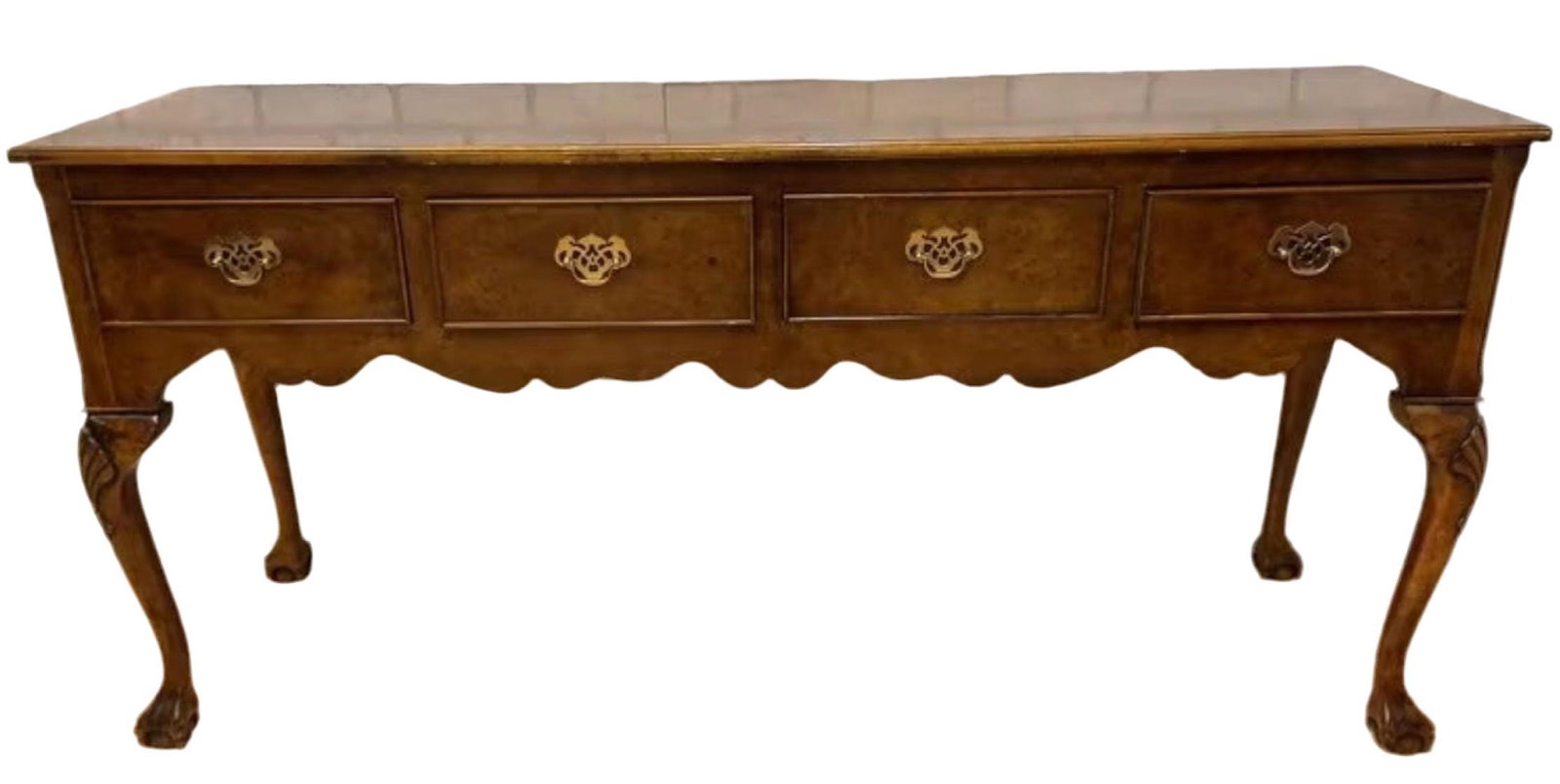 Antique Victorian Style Burl Sideboard: Title: Antique Victorian Style Burl Sideboard Description: Antique Victorian Burlwood Sideboard with Claw and Ball FeetIntroducing burlwood four drawer sideboard, a masterpiece of craftsmanship and