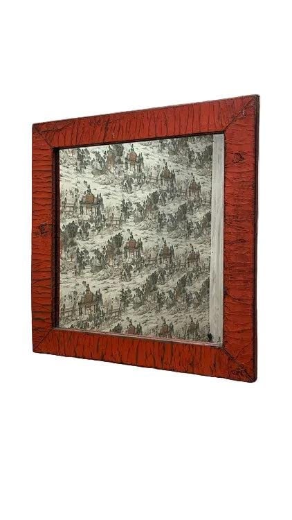 Vintage Shanxi Province Red Linen Wall Mirror: Title: Vintage Shanxi Province Red Linen Wall Mirror Description: Width: 35 inchesHeight: 35 inchesDepth: 1 inchesVintage Chinese Red Linen Wrapped Square MirrorThis vintage Chinese red linen wrapped