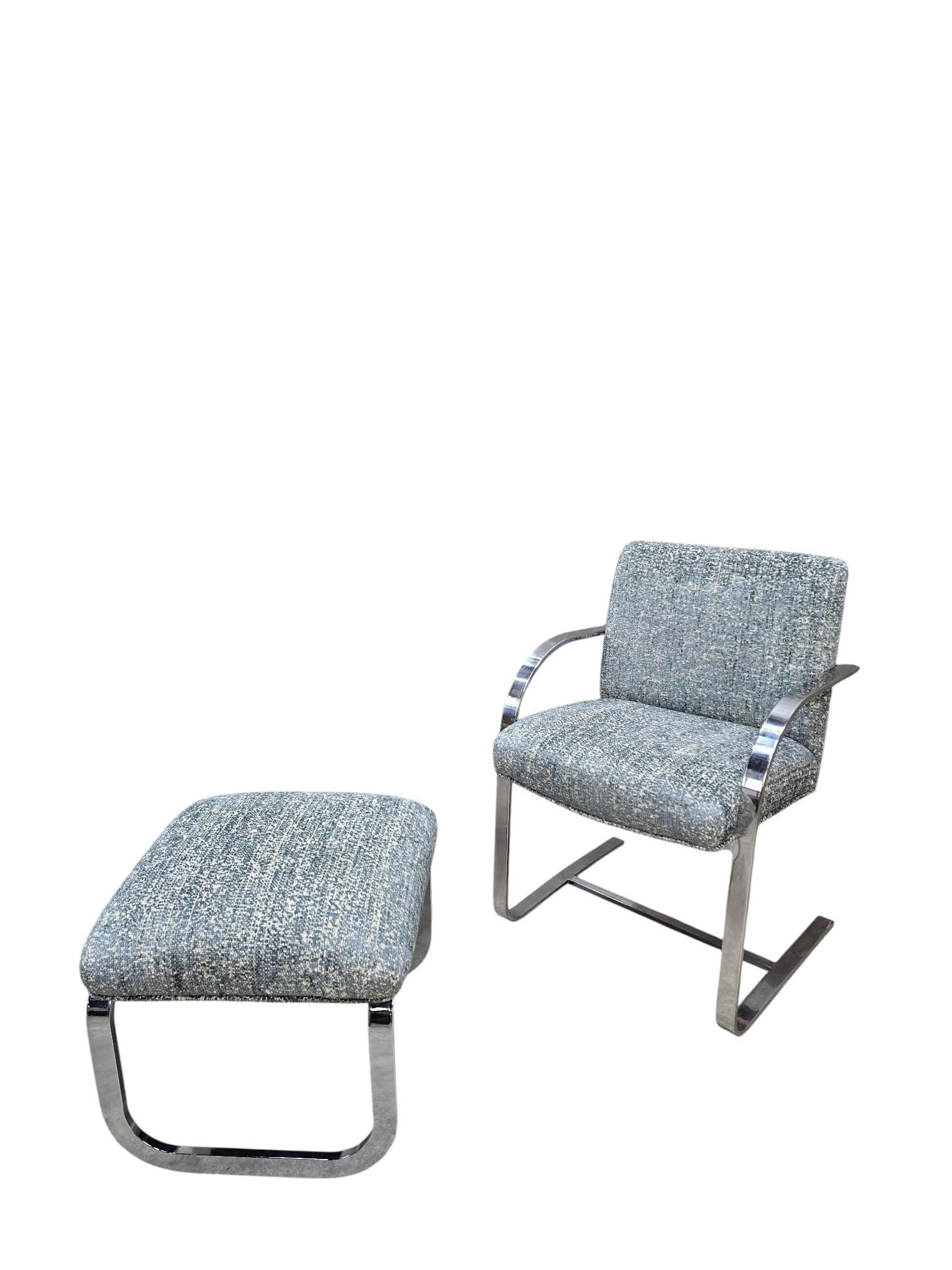 MCM Milo Baughman Chrome Chair and Ottoman: Title: MCM Milo Baughman Chrome Chair and Ottoman Description: Mid Century Modern. Milo Baughman Chrome Sculptural Cantilever Armchair and Ottoman in a Sea-Foam Creme Velvet Chenille - Set of 2Fabulou