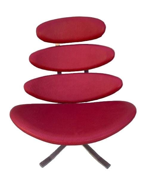 MCM Corona Chair by Poul M. Volther Newly Upholstered in Embossed Red Leather: Title: MCM Corona Chair by Poul M. Volther Newly Upholstered in Embossed Red Leather Description: . Mid Century Modern Corona Chair, Model Ej-5 by Poul M. Volther for Erik Jørgensen Newly