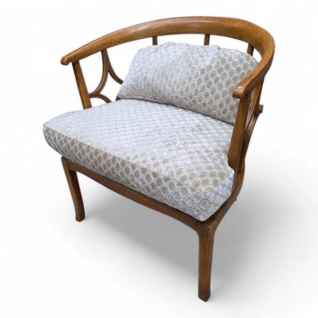 MCM William “Billy” Haines Style Fruitwood Spider-Leg Barrel Back Lounge Chair: Title: MCM William “Billy” Haines Style Fruitwood Spider-Leg Barrel Back Lounge Chair Description: Materials: WoodMid-Century Modern William “Billy” Haines Style Fruitwood