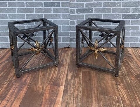 Vintage Forged Wrought Iron Side Tables with Gilded Leaf Motif and Glass Tops - Pair: Title: Vintage Forged Wrought Iron Side Tables with Gilded Leaf Motif and Glass Tops - Pair Description: Vintage from the 1950sMaterials: metal, glass, wrought ironWidth: 14 inchesHeight: 14