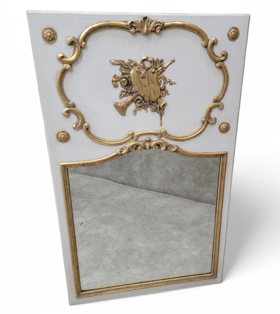 Antique Louis XVI Style White French Trumeau Wall Mirror: Title: Antique Louis XVI Style White French Trumeau Wall Mirror Description: Materials: glassAntique Louis XVI Style Gold Gilded White Painted French Trumeau Wall MirrorPerfect for enhancing natural l