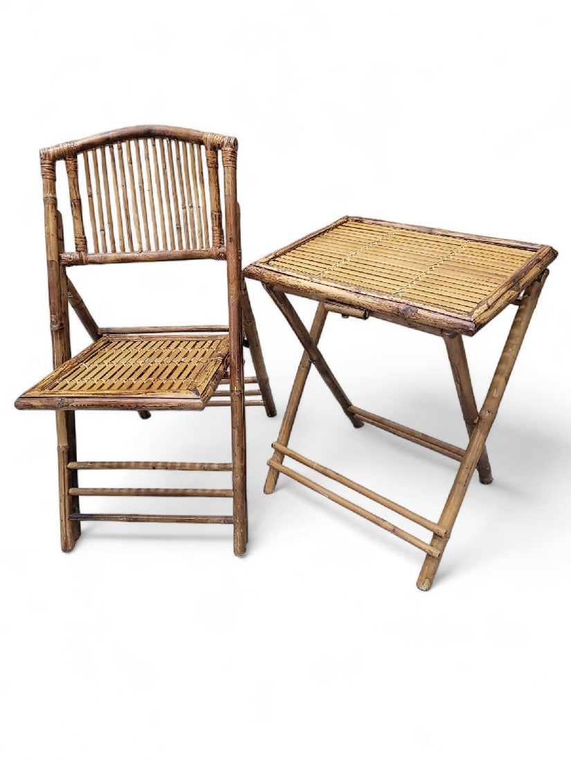 Mid Century Modern British Colonial Style Bamboo Folding Chairs with 2 Folding Bamboo Side Tables - - 6