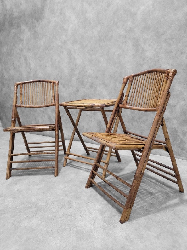 Mid Century Modern British Colonial Style Bamboo Folding Chairs with 2 Folding Bamboo Side Tables - - 7