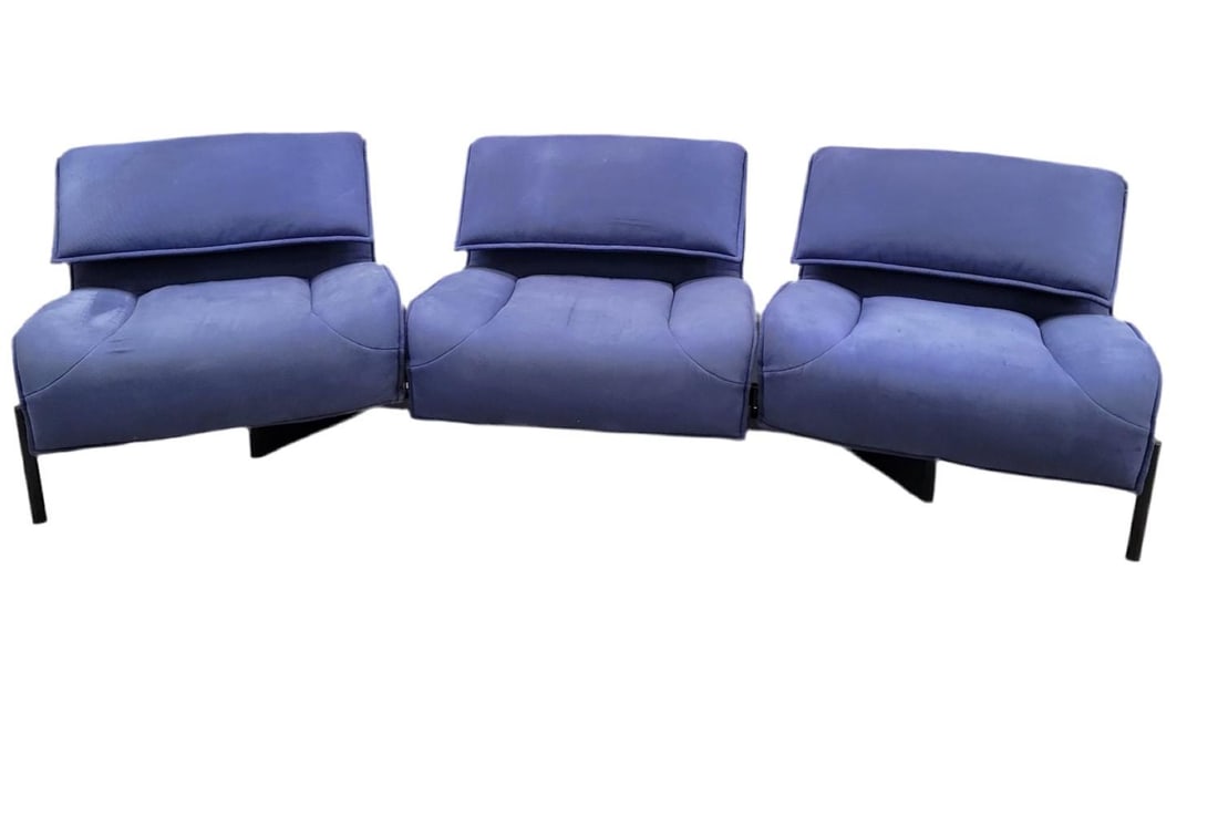 MCM Veranda Sofa by Cassina: Title: MCM Veranda Sofa by Cassina Description: .Mid Century Modern Blue Three Seat Veranda Sofa by Vico Magistretti for Cassina for UpholsteryThis beautiful original deep blue adjustable 3-seat "Vera