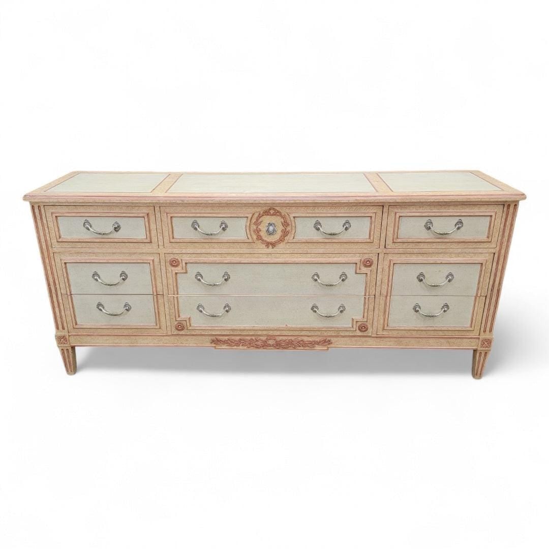 Vintage French Country Style Sideboard by Baker Furniture: Title: Vintage French Country Style Sideboard by Baker Furniture Description: Vintage French Country Style Hand Painted 9 Sideboard by Baker Furniture Co.A gorgeous French Country/Regency Louis