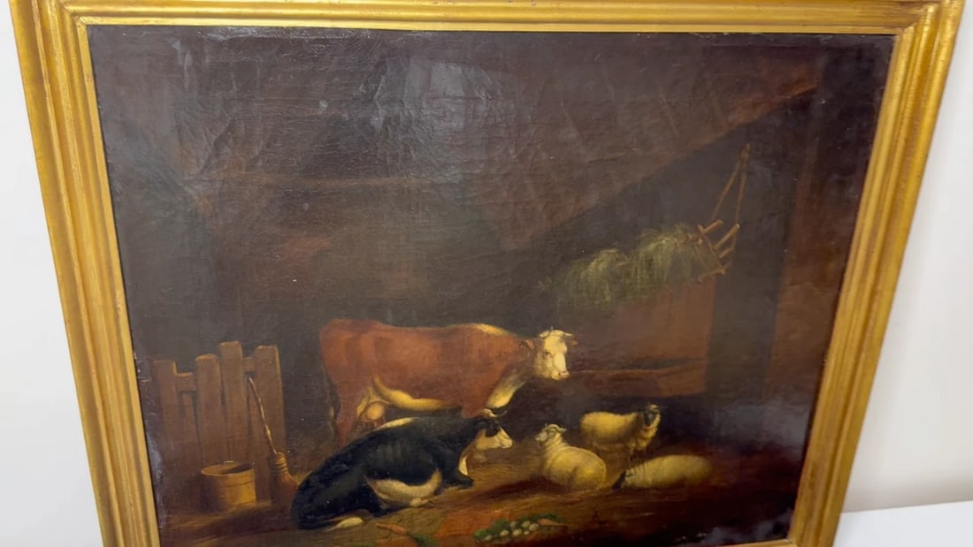 Painting Cows & Sheep Sheltering In Barn Follower of Thomas Sidney Cooper C1850 - 2