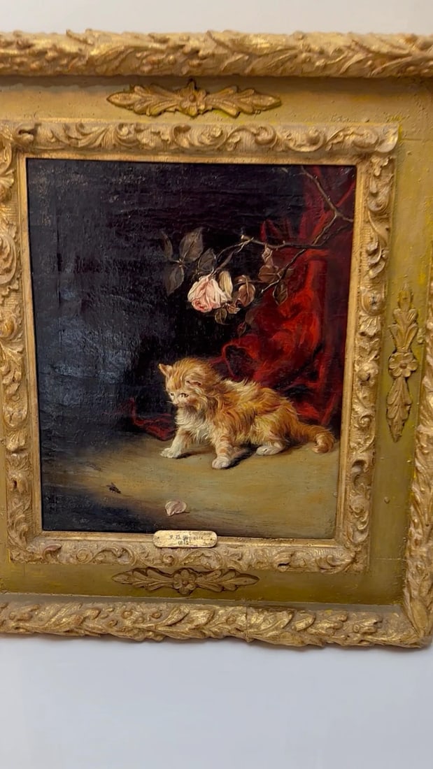 Oil Painting Kitten Patience Hunting Fly By Francisco José Domingo y Marqués - 2