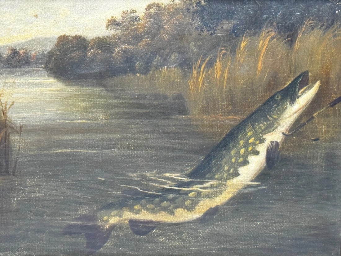 Angling Oil Painting Northern Pike Surfacing Caught By Arthur Roland Knight 1890 - 11