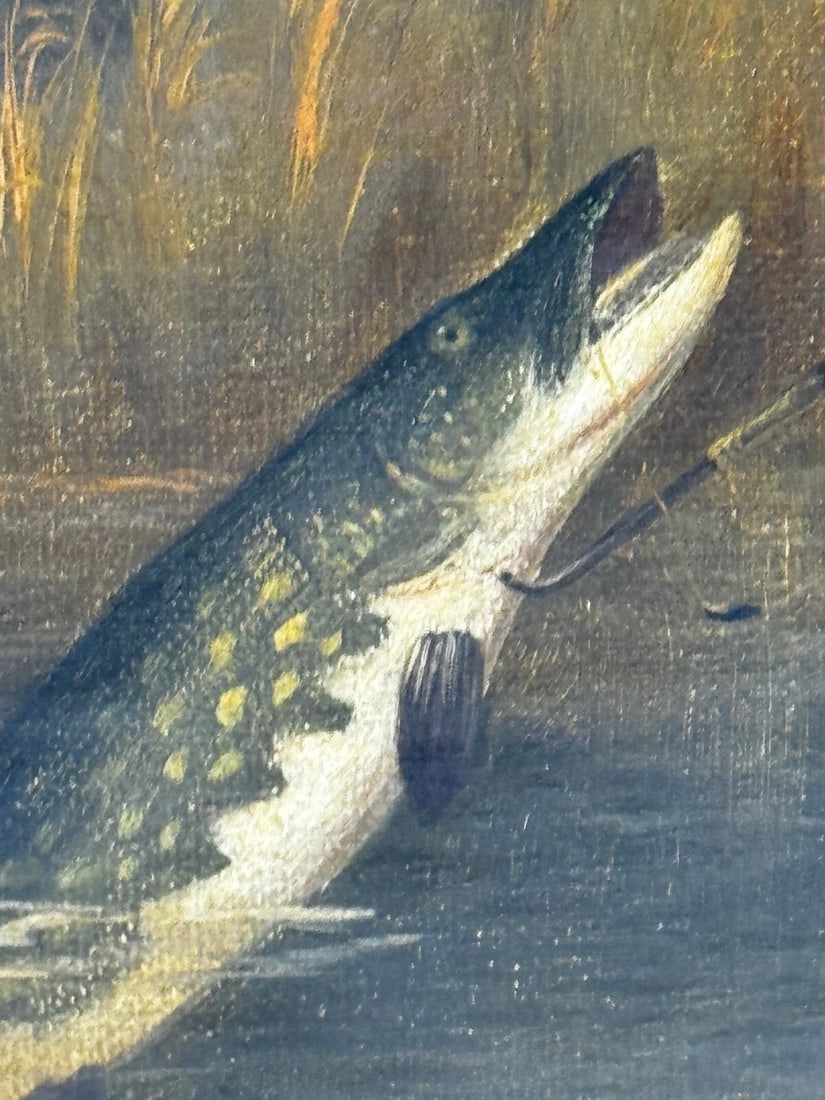 Angling Oil Painting Northern Pike Surfacing Caught By Arthur Roland Knight 1890 - 15