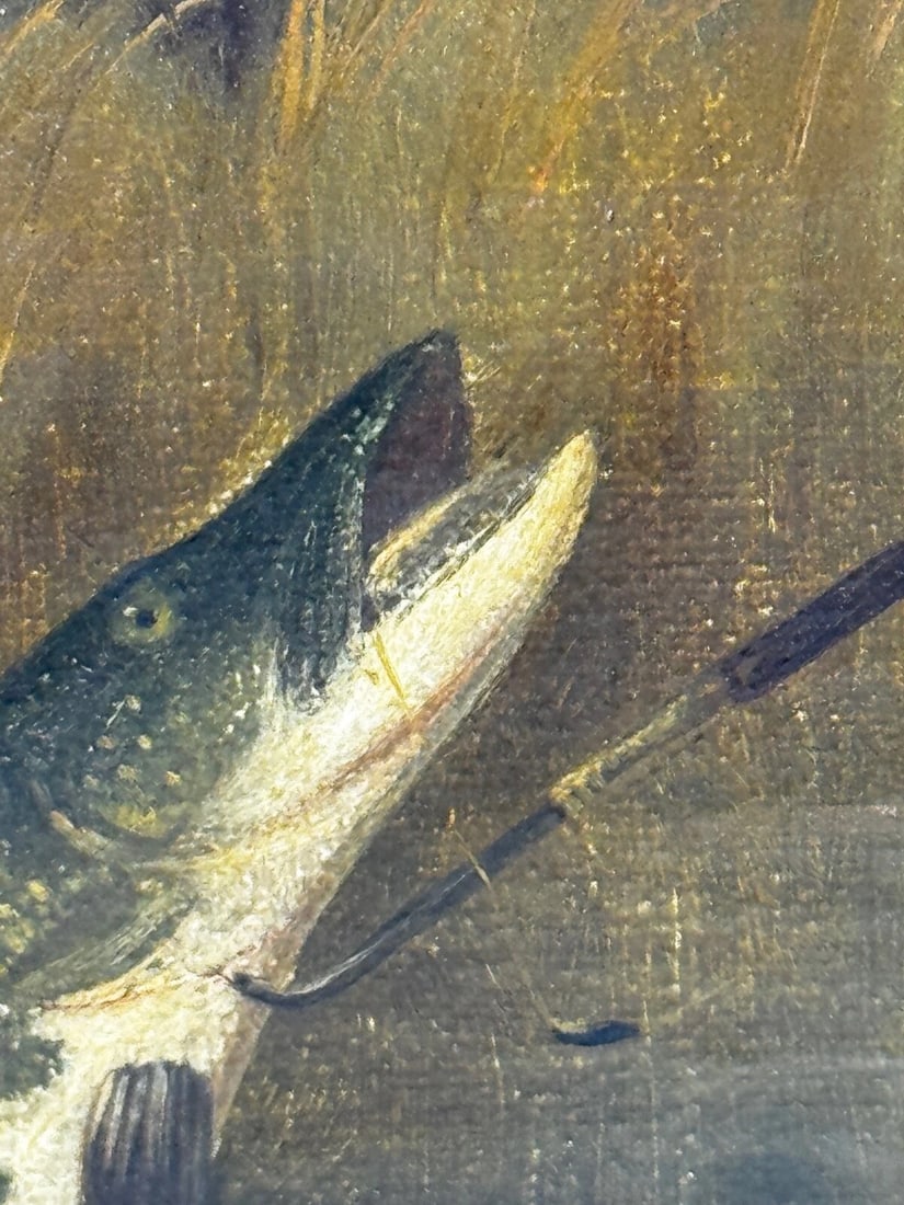 Angling Oil Painting Northern Pike Surfacing Caught By Arthur Roland Knight 1890 - 16