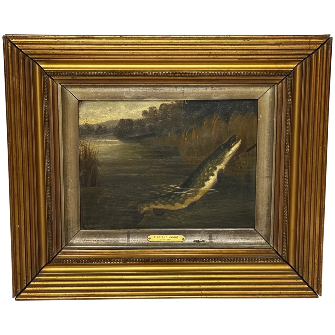 Angling Oil Painting Northern Pike Surfacing Caught By Arthur Roland Knight 1890 (1 of 20)