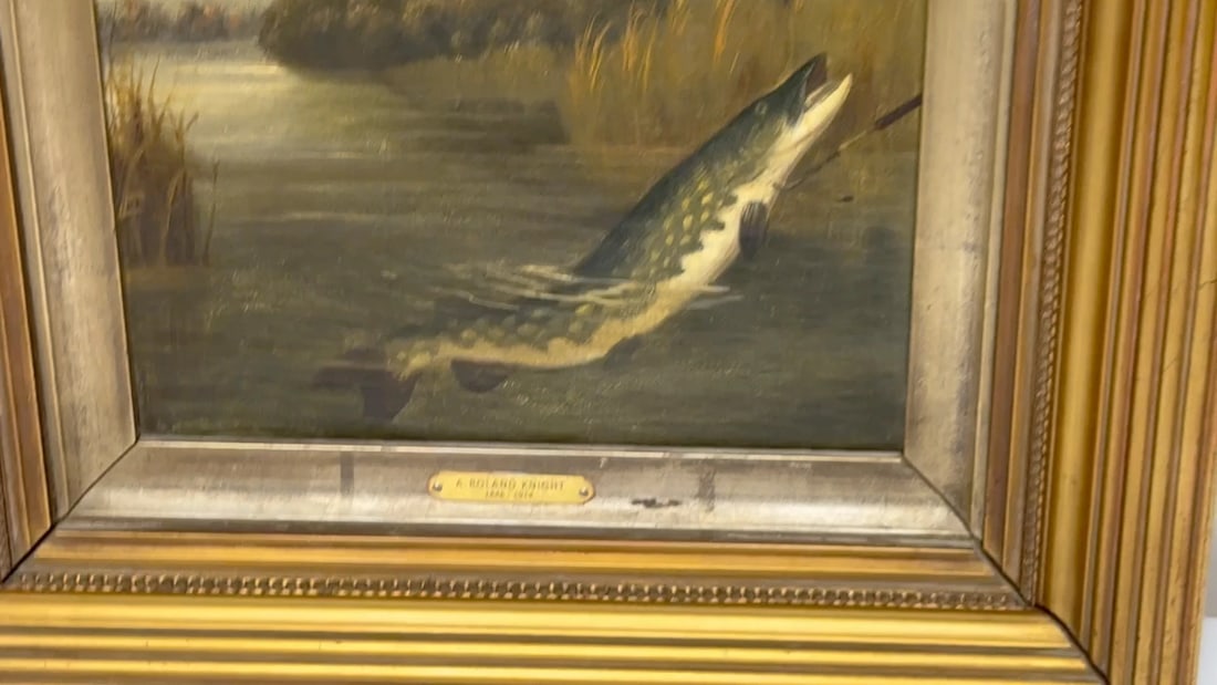 Angling Oil Painting Northern Pike Surfacing Caught By Arthur Roland Knight 1890 - 2