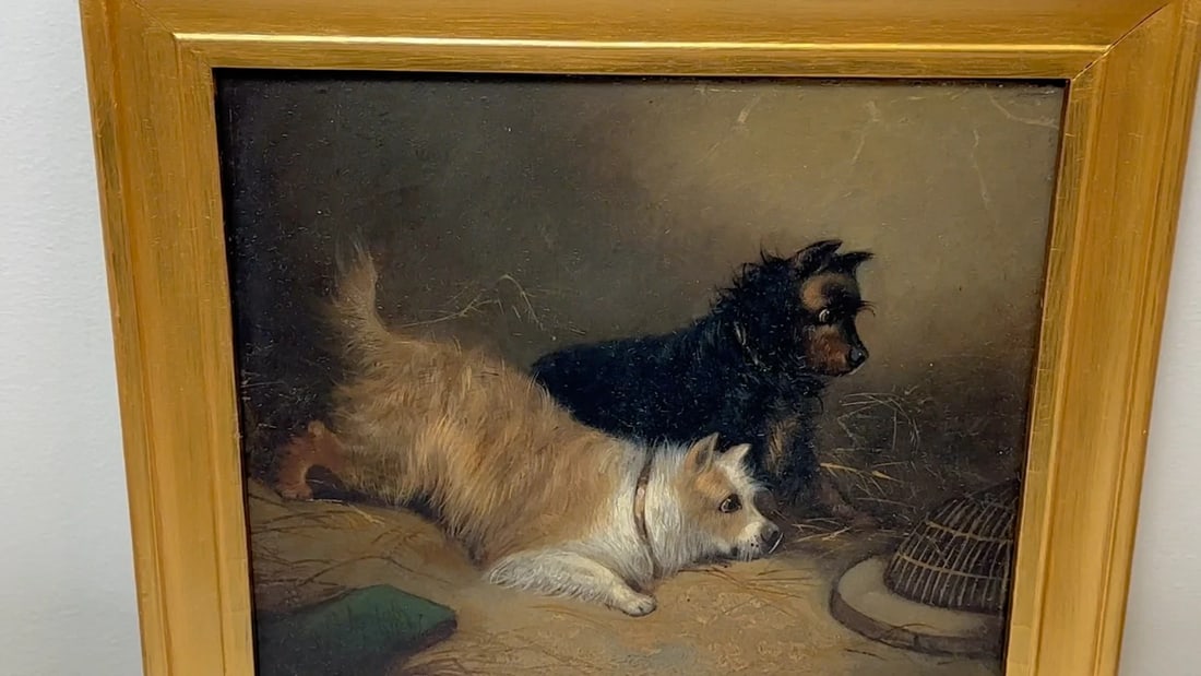 Oil Painting Hunting 2 Terrier Dogs On The Scent Ratting George Armfield C1867 - 2
