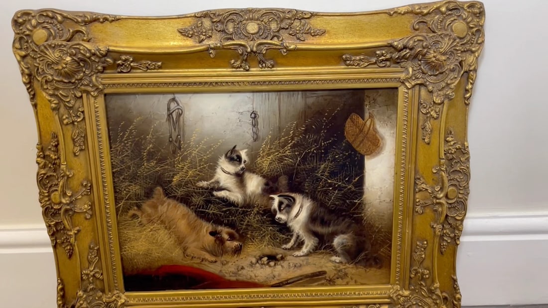 Oil Painting 3 Hunting Terrier Dogs "A Sharp Lookout" Edward Armfield 1817-1896 - 2