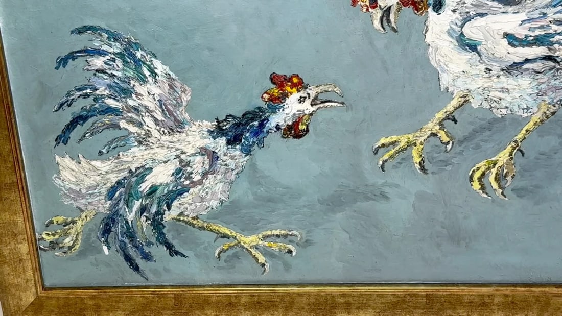 Expressionist Heavy Impasto Oil Painting Cocks Fight After Leon Kossoff C1965 - 2
