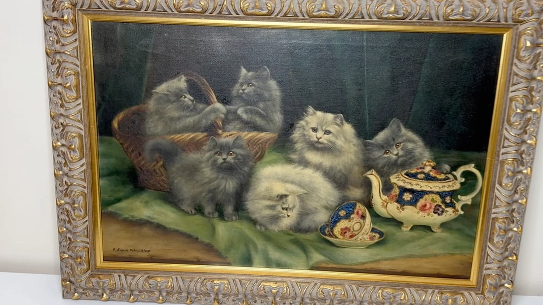 Oil Masterpiece Persian Kittens Playing Tea Party By Agnes Augusta Talboys - 2