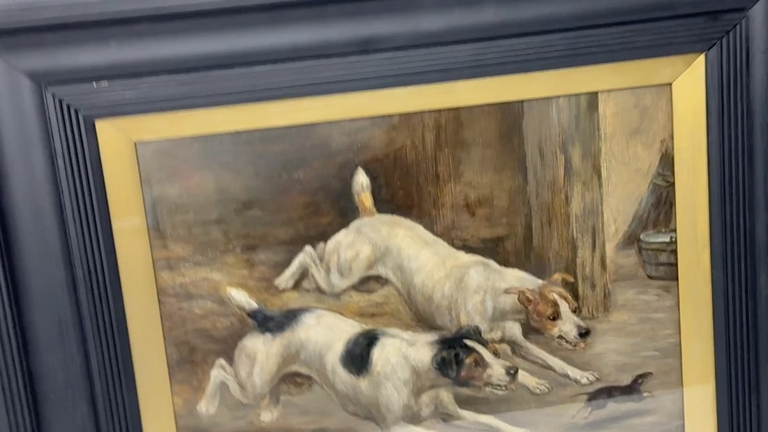 Victorian Hunting Oil Painting Two Jack Russell Terrier Dogs Chasing Rat In Barn - 2