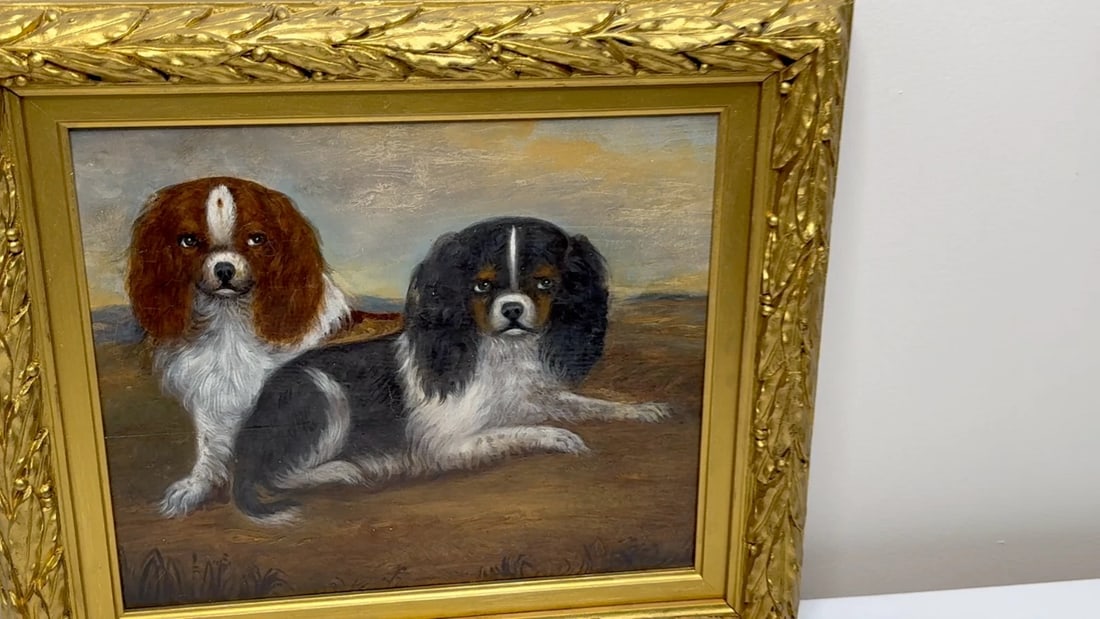 British 19th Century Oil Painting Animal Portrait Of King Charles Spaniel Dogs - 2