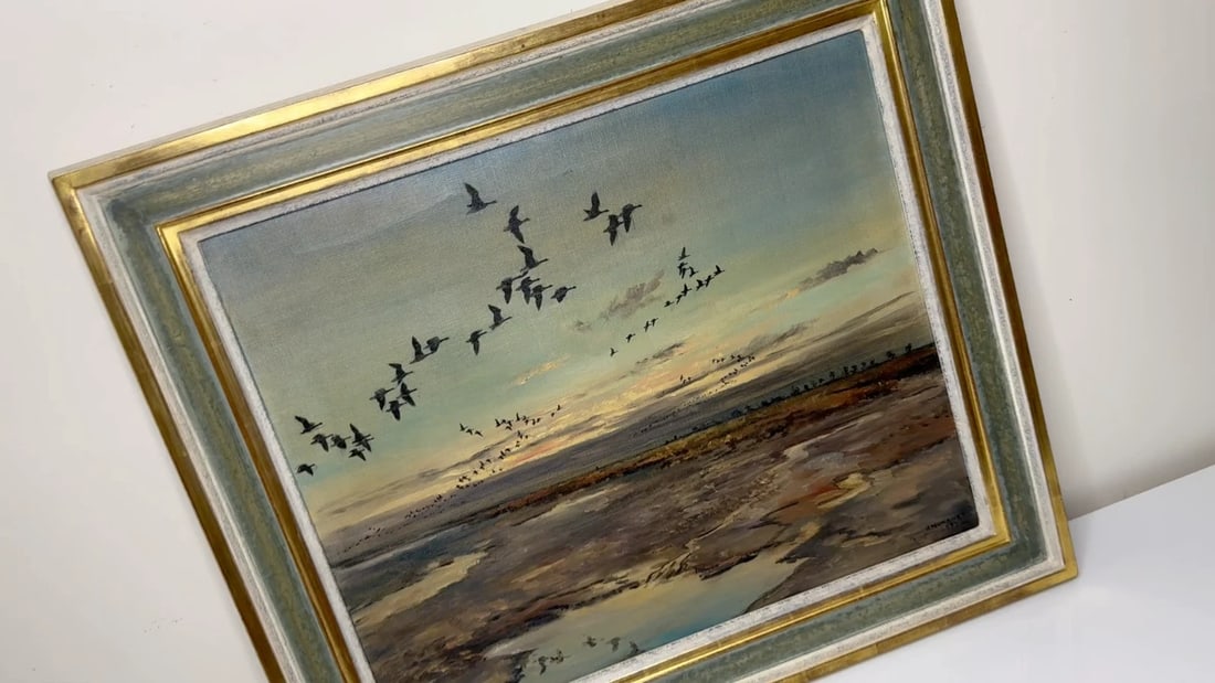 Painting Skein Brent Geese Flying Over Marsh The Fens South Holland Lincolnshire - 2
