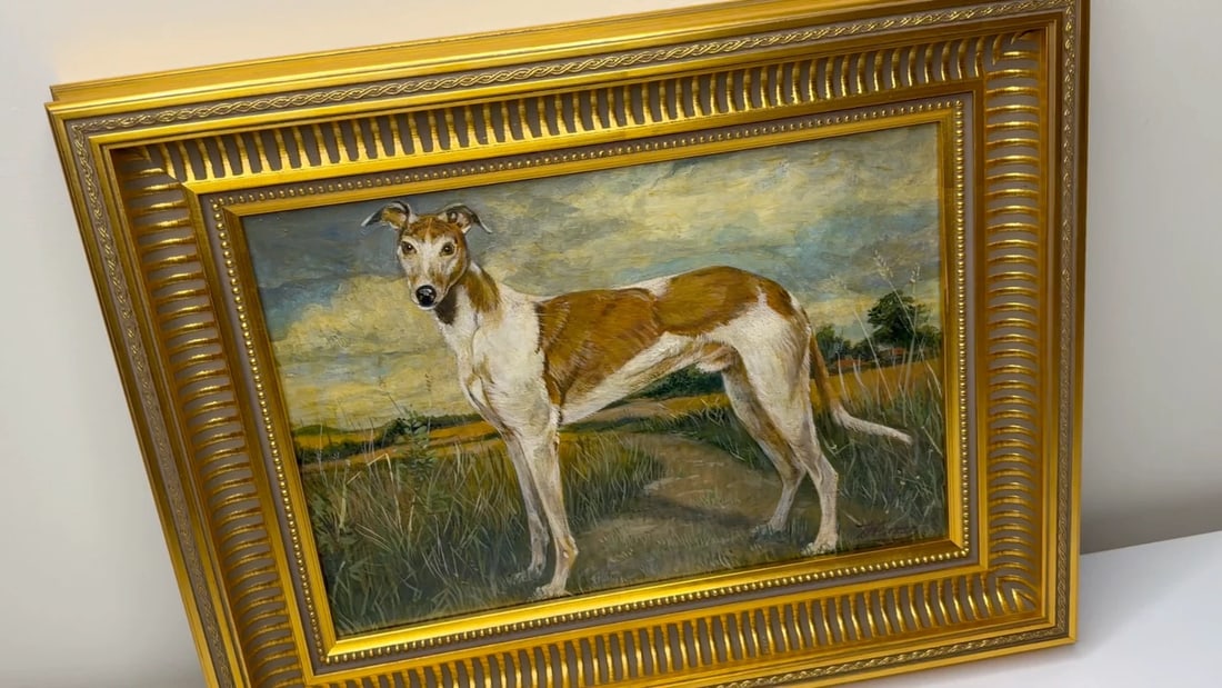 Antique Oil Painting Portrait Prized Lurcher Greyhound After Samuel John Carter - 2