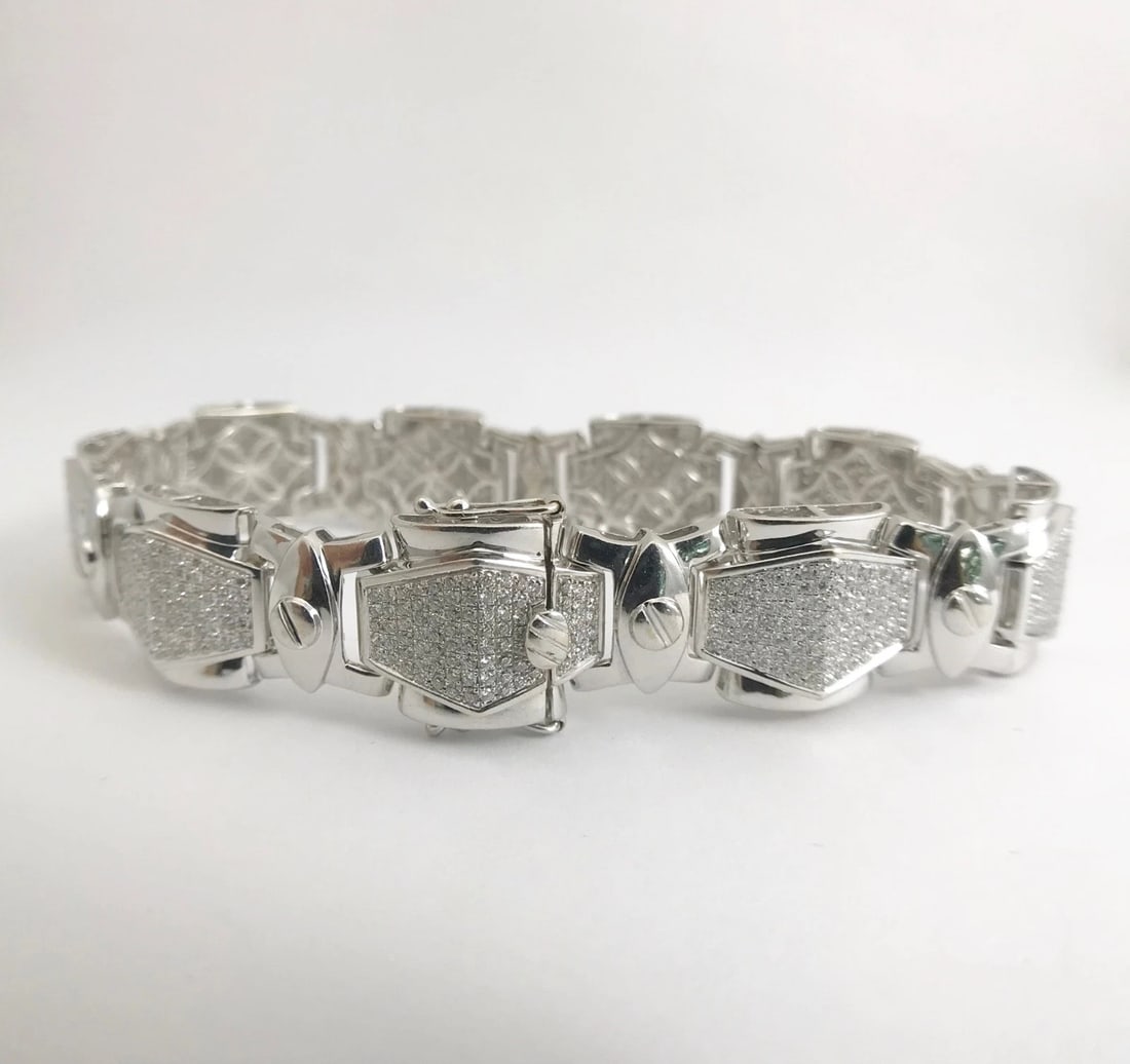 Wide Geometric Pave Diamond Bracelet 18K White Gold, 2 CTW, 8.5 Inches, 43.23 Gr - 10