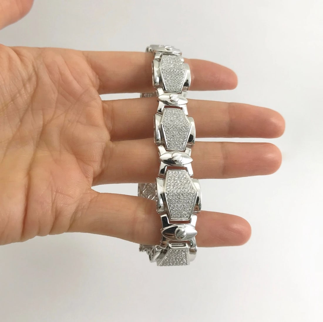 Wide Geometric Pave Diamond Bracelet 18K White Gold, 2 CTW, 8.5 Inches, 43.23 Gr - 6