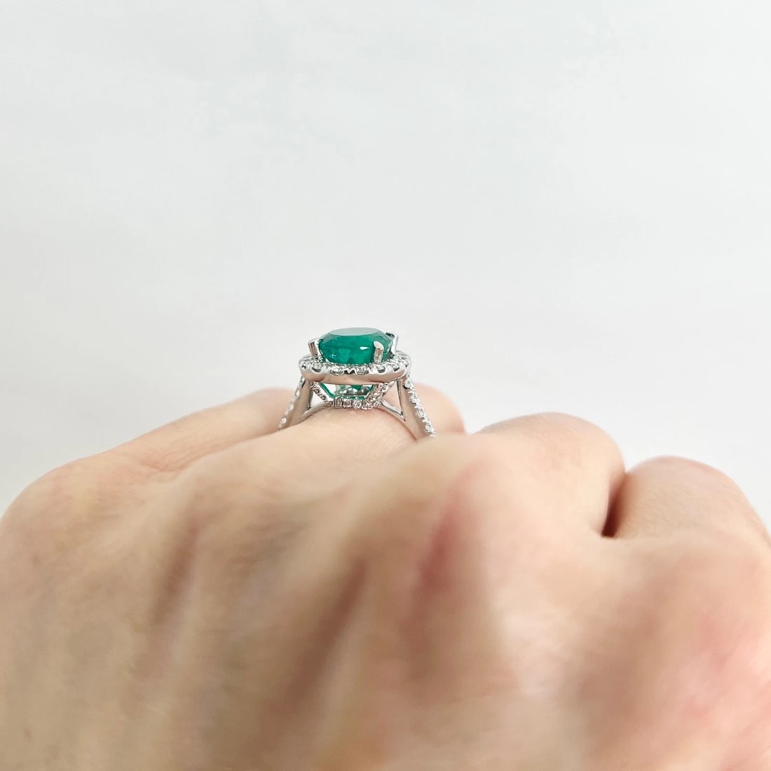 Oval Green Emerald Diamond Halo Ring 18K White Gold 4.07 CTW - 5