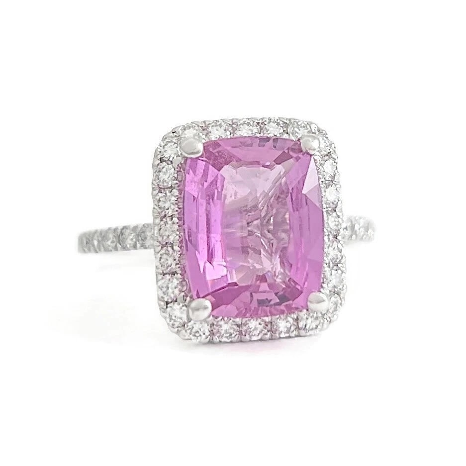 Cushion Pink Sapphire Gemstone Diamond Halo Ring 14K White Gold 4.77 CTW: Cushion Pink Sapphire Gemstone Diamond Halo Ring 14K White Gold 4.77 CTW This is a gorgeous ring! Please let us know if you have any questions! Gemstones: 1 cushion pink sapphire 4.25 ct Diamonds: 38