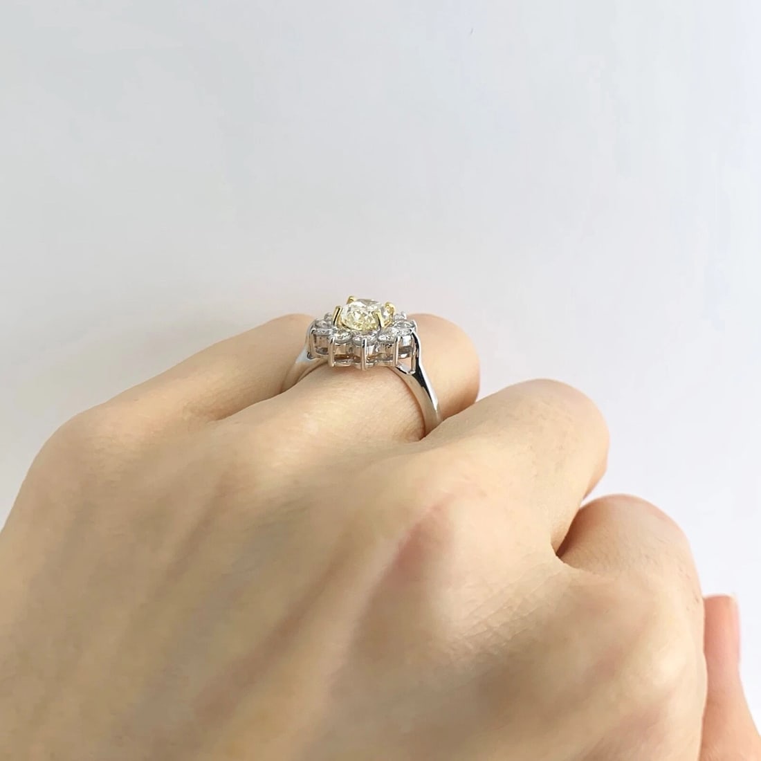 Fancy Light Yellow Oval Diamond Halo Statement Ring 18K White Gold, 2.28 CTW - 5