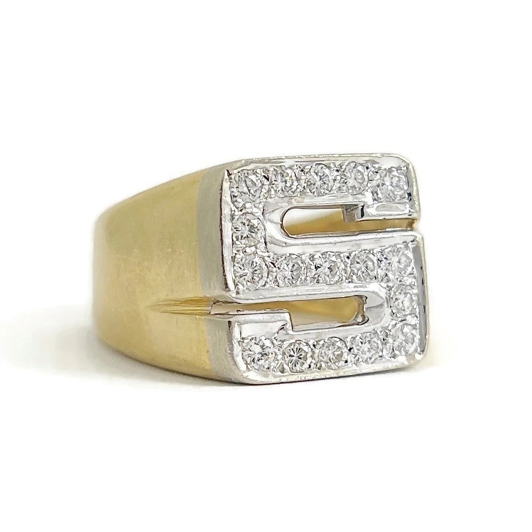 Letter S Initial Two-Tone Diamond Ring 18K Yellow Gold, 11.61 Grams: Letter S Initial Two-Tone Diamond Ring 18K Yellow Gold, 11.61 Grams This is a unique, beautiful statement ring! Any questions please do not hesitate to ask. Diamonds: 17 round brilliant cuts, .40