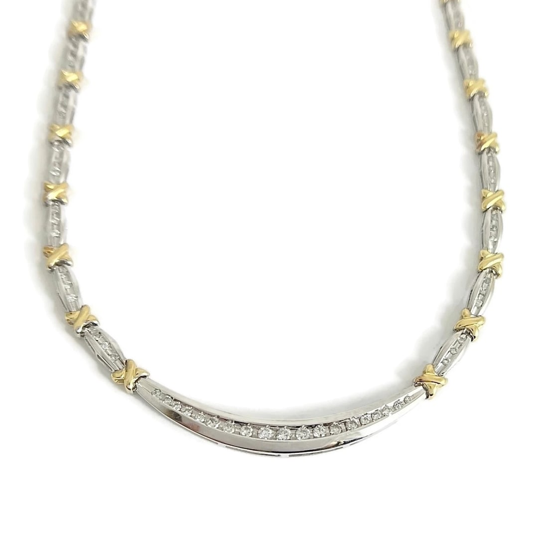 Two-Tone Diamond Bar X-Link Necklace 14K White Yellow Gold, 15.5 Inch, 18.33 Gr - 2