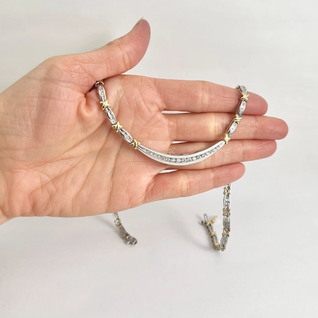 Two-Tone Diamond Bar X-Link Necklace 14K White Yellow Gold, 15.5 Inch, 18.33 Gr - 3