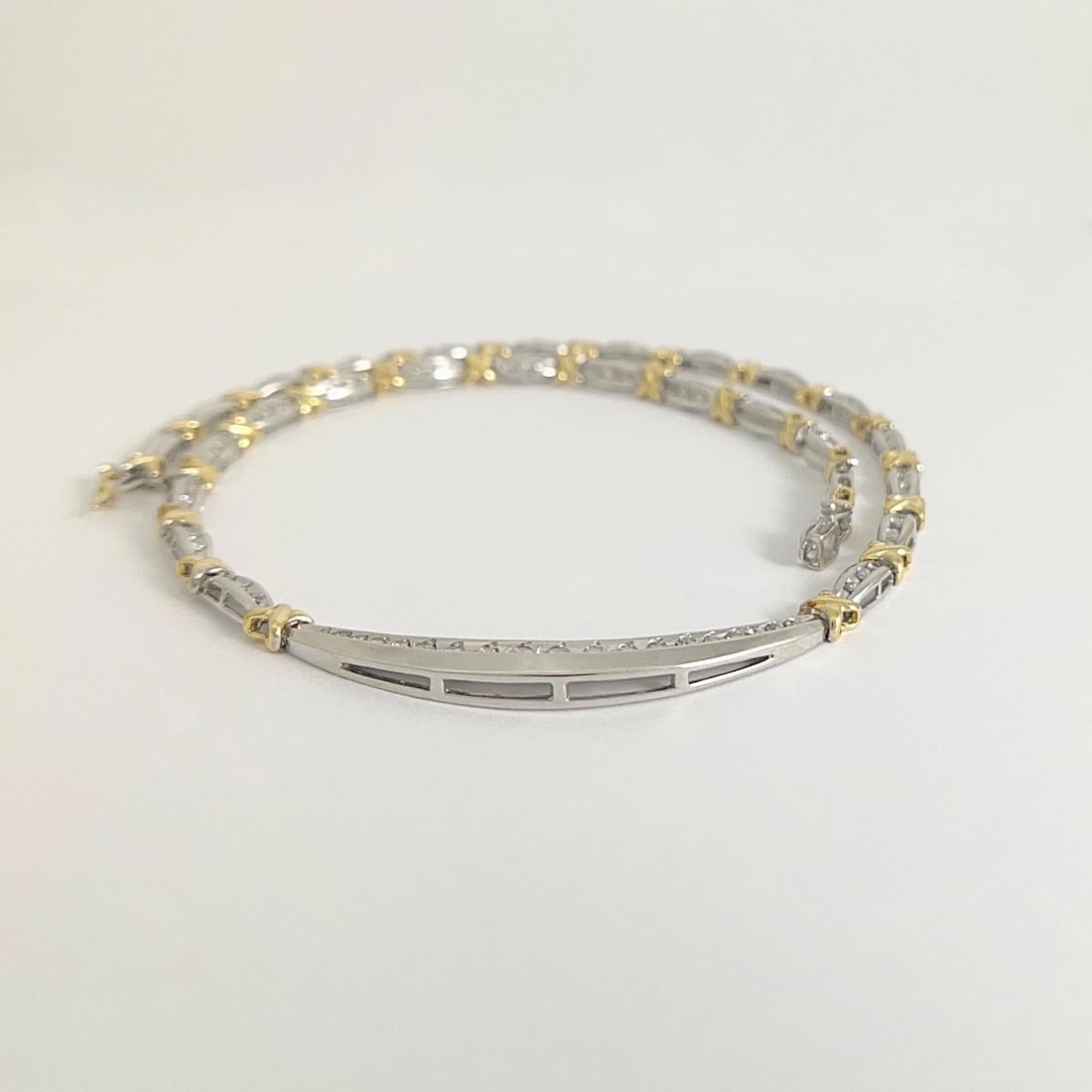 Two-Tone Diamond Bar X-Link Necklace 14K White Yellow Gold, 15.5 Inch, 18.33 Gr - 6