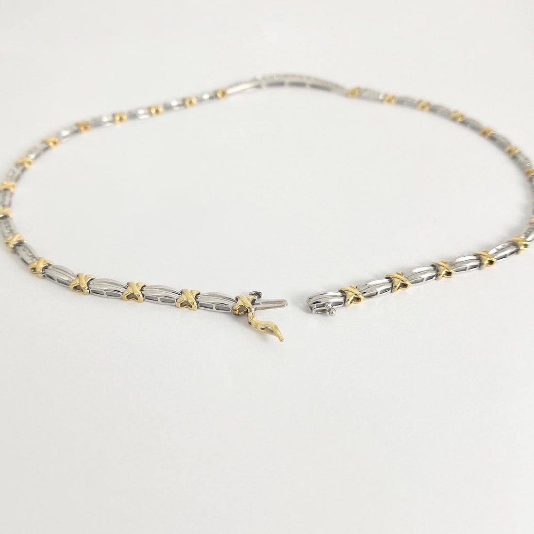 Two-Tone Diamond Bar X-Link Necklace 14K White Yellow Gold, 15.5 Inch, 18.33 Gr - 7