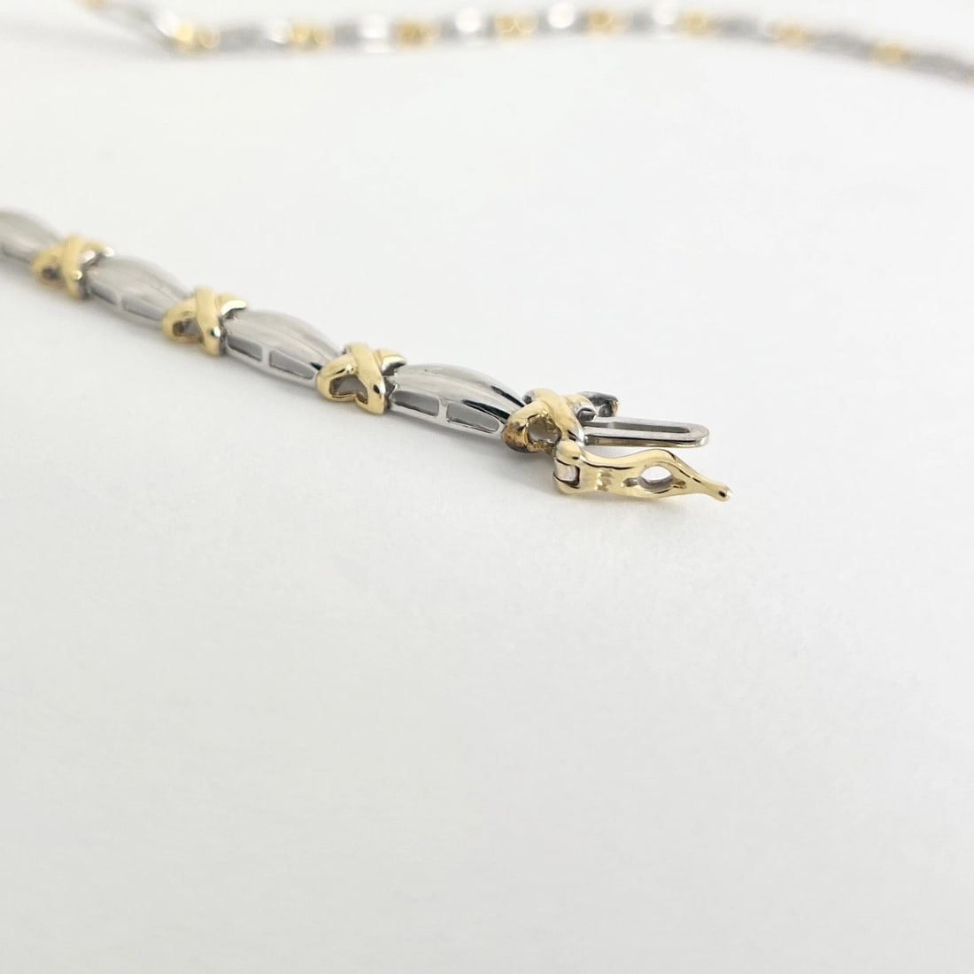 Two-Tone Diamond Bar X-Link Necklace 14K White Yellow Gold, 15.5 Inch, 18.33 Gr - 8